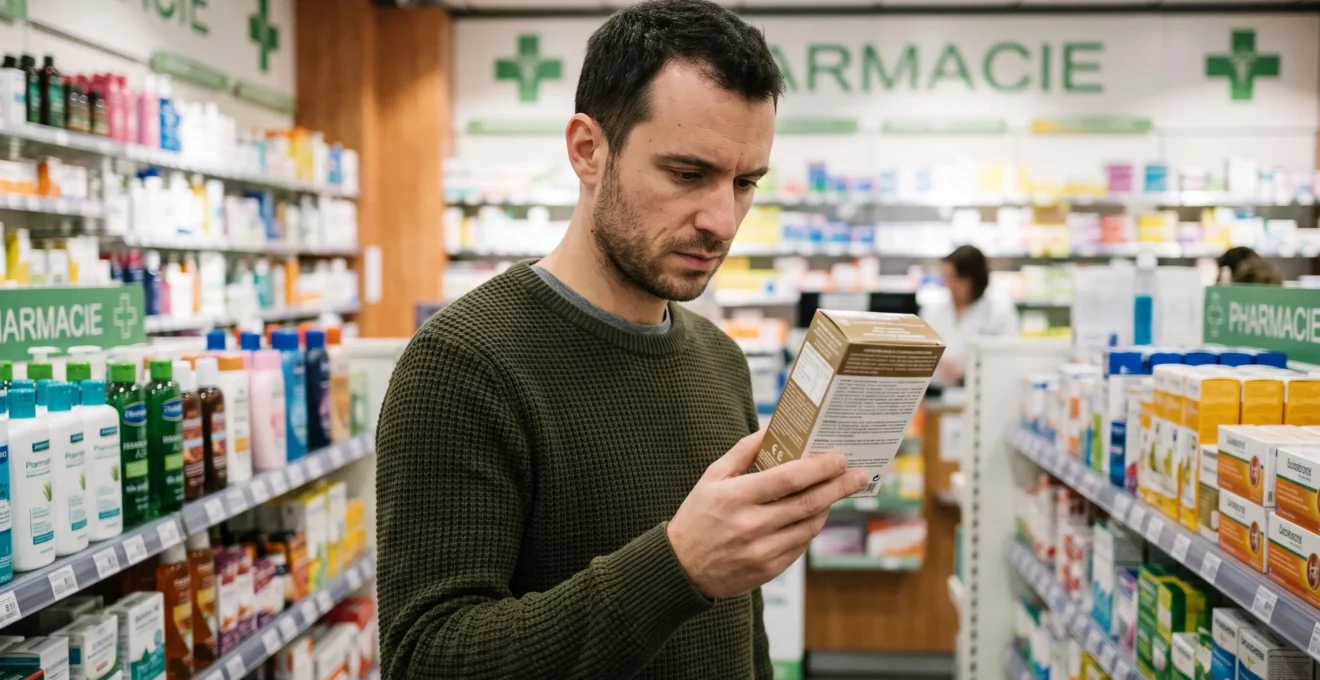 Un homme lit les mentions d'une boîte de complément dans une pharmacie.