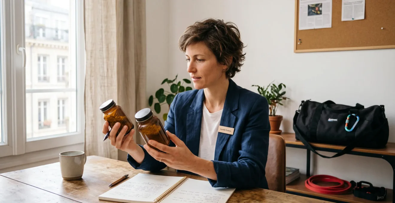 Une nutritionniste examine un flacon de complément lors d'une consultation sportive.